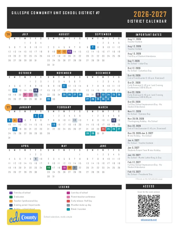 Gillespie Community Unit School District #7 printable 2026-27 calendar