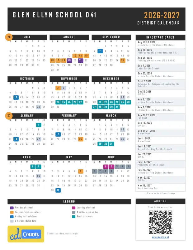 Glen Ellyn School D41 printable 2026-27 calendar