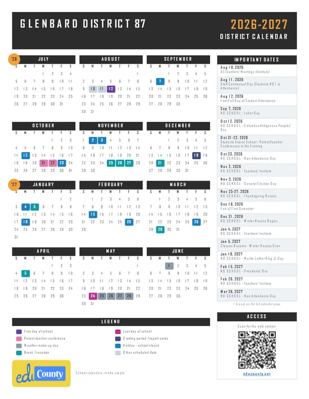 Glenbard District 87 printable 2026-27 calendar