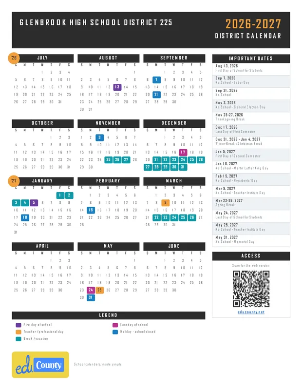 Glenbrook High School District 225 printable 2026-27 calendar
