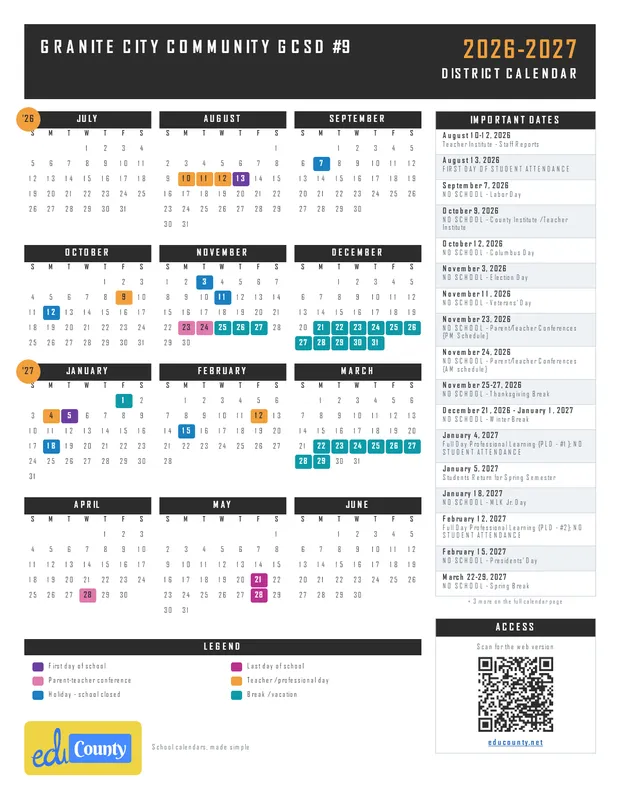 Granite City Community GCSD #9 printable 2026-27 calendar