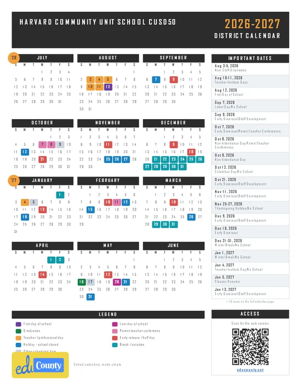 Harvard Community Unit School CUSD50 printable 2026-27 calendar