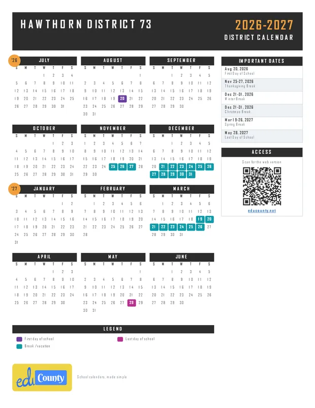 Hawthorn District 73 printable 2026-27 calendar