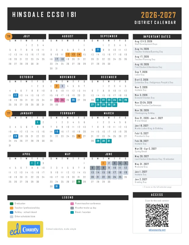 Hinsdale CCSD 181 printable 2026-27 calendar