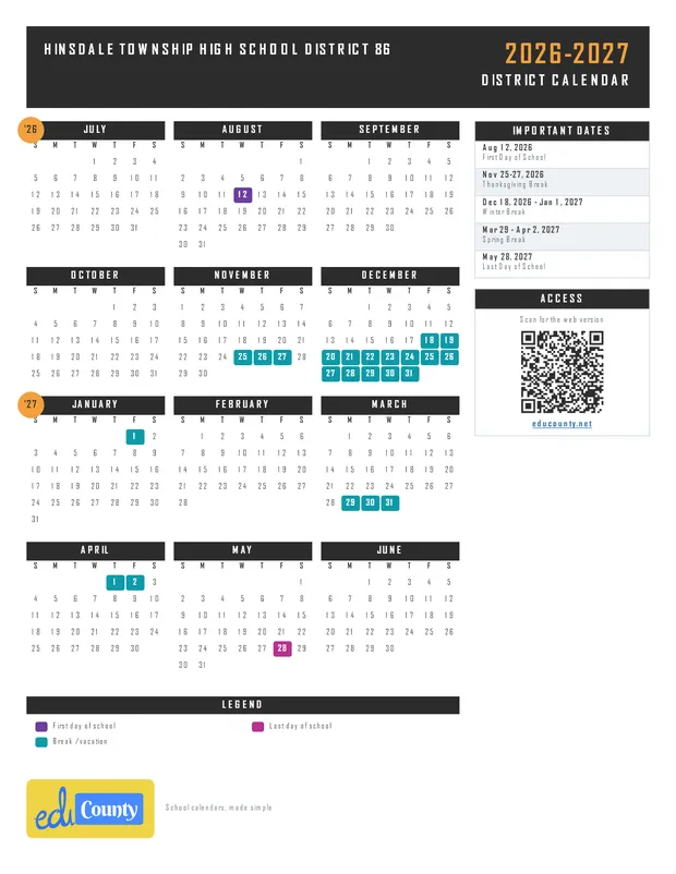 Hinsdale Township High School District 86 printable 2026-27 calendar