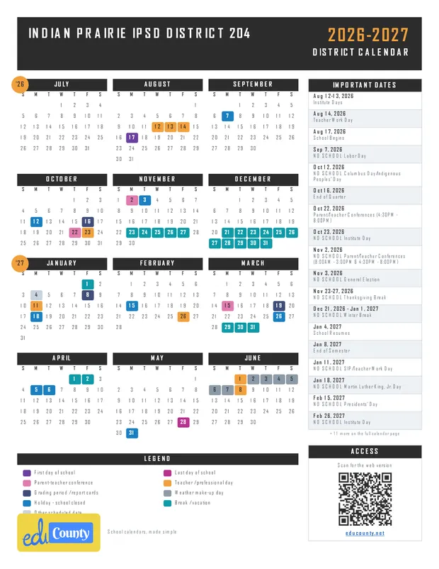 Indian Prairie IPSD District 204 printable 2026-27 calendar