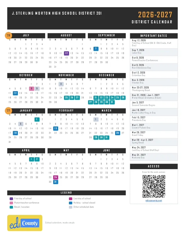 J. Sterling Morton High School District 201 printable 2026-27 calendar