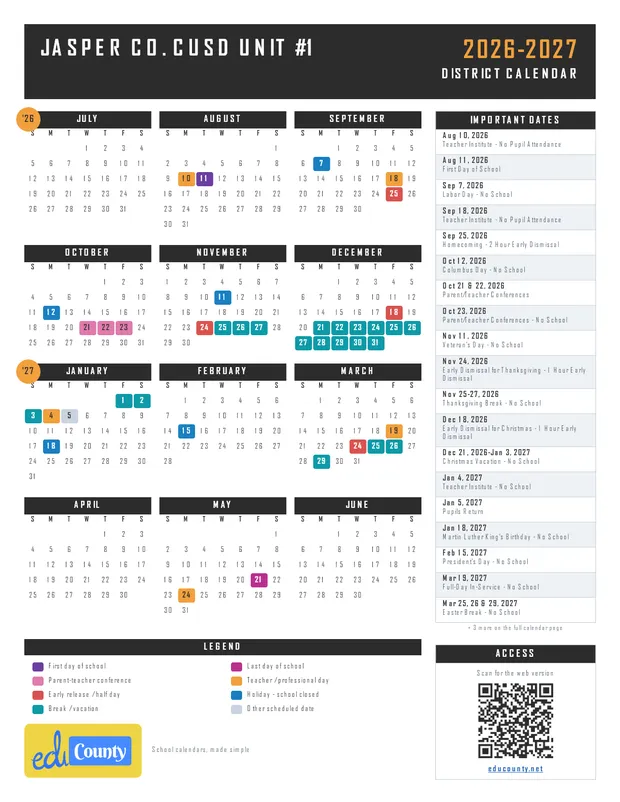 Jasper Co. CUSD Unit #1 printable 2026-27 calendar