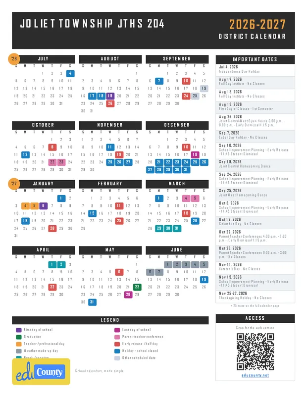 Joliet Township JTHS 204 printable 2026-27 calendar