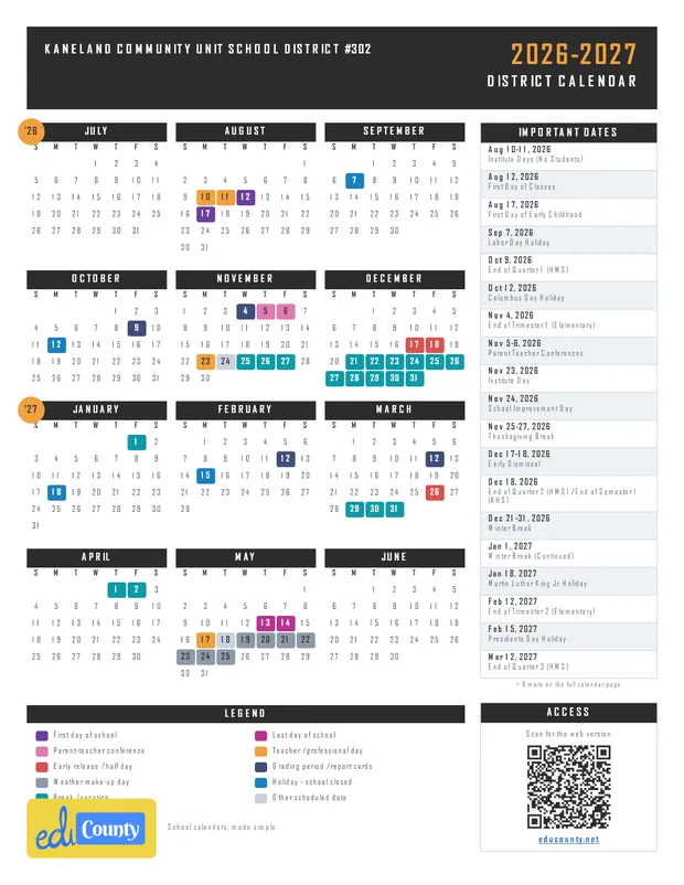 Kaneland Community Unit School District #302 printable 2026-27 calendar