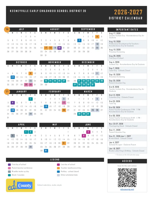 KEENEYVILLE EARLY CHILDHOOD SCHOOL DISTRICT 20 printable 2026-27 calendar
