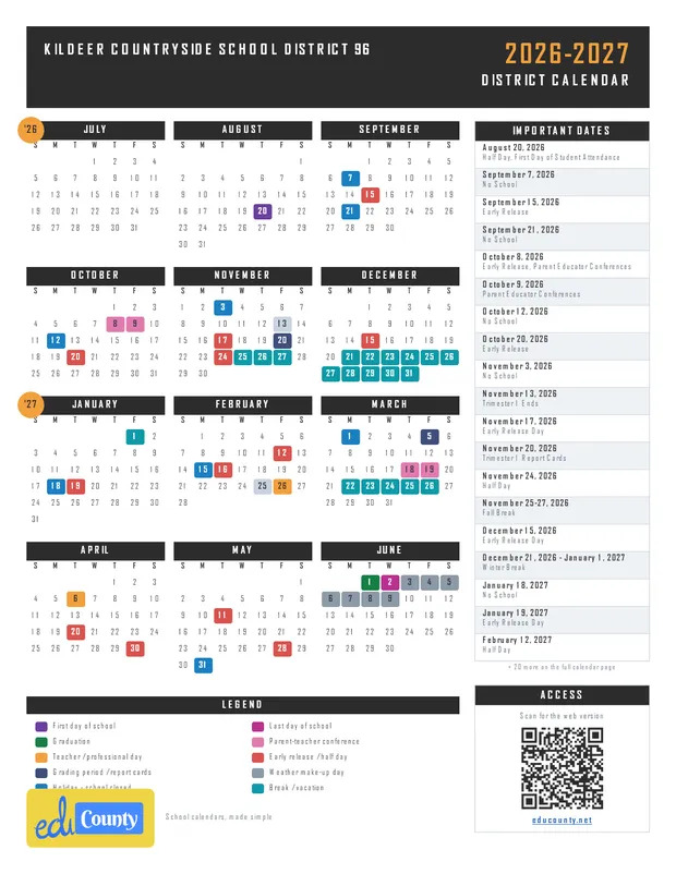 Kildeer Countryside School District 96 printable 2026-27 calendar