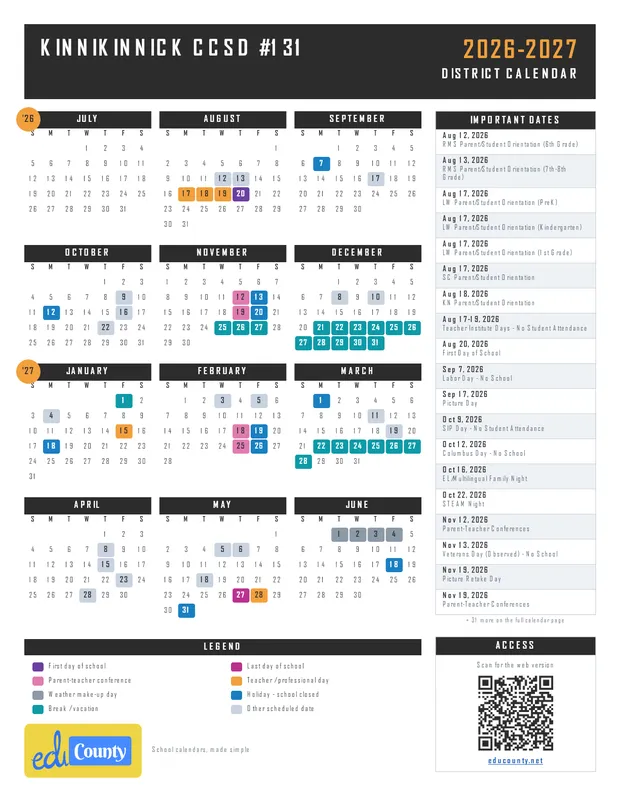 KINNIKINNICK CCSD #131 printable 2026-27 calendar