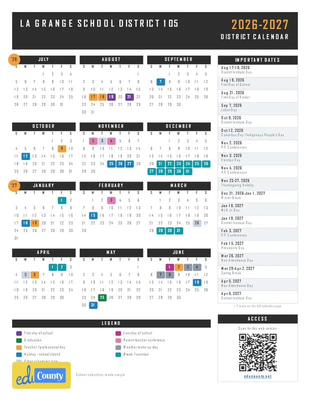 La Grange School District 105 printable 2026-27 calendar