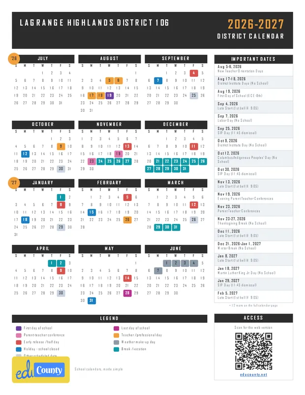 LaGrange Highlands District 106 printable 2026-27 calendar