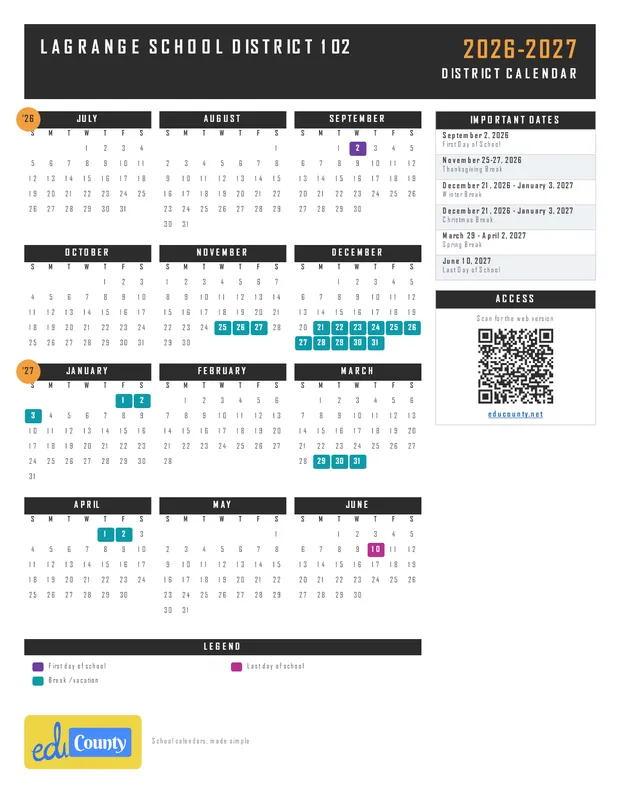 LaGrange School District 102 printable 2026-27 calendar