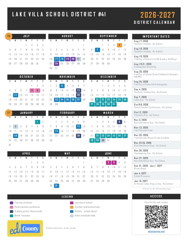 Lake Villa School District #41 printable 2026-27 calendar