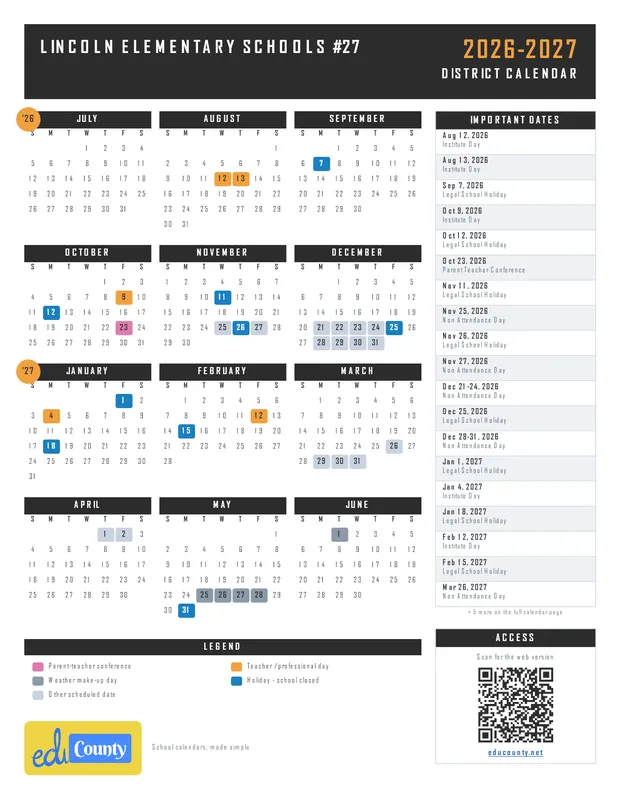 Lincoln Elementary Schools #27 printable 2026-27 calendar