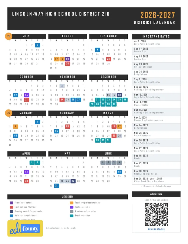 Lincoln-Way High School District 210 printable 2026-27 calendar