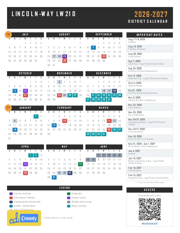 Lincoln-Way lw210 printable 2026-27 calendar