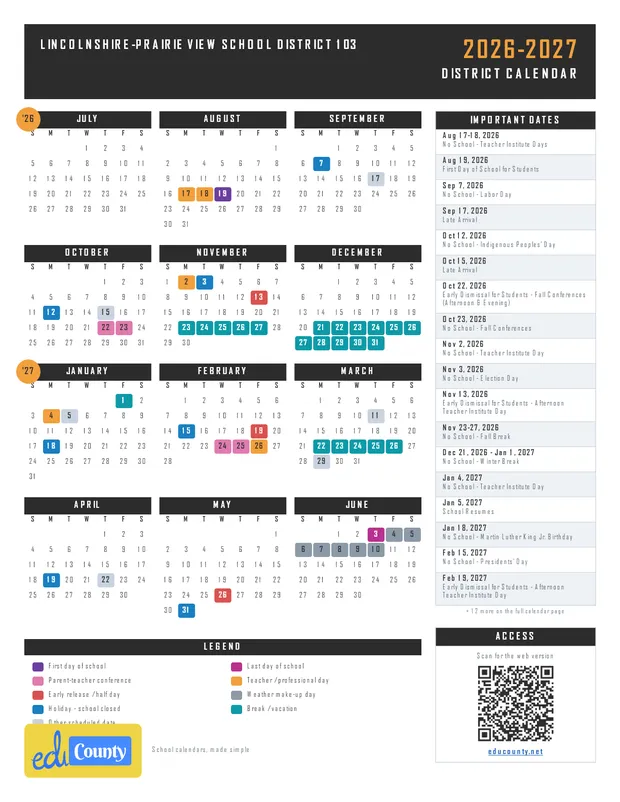 Lincolnshire-Prairie View School District 103 printable 2026-27 calendar