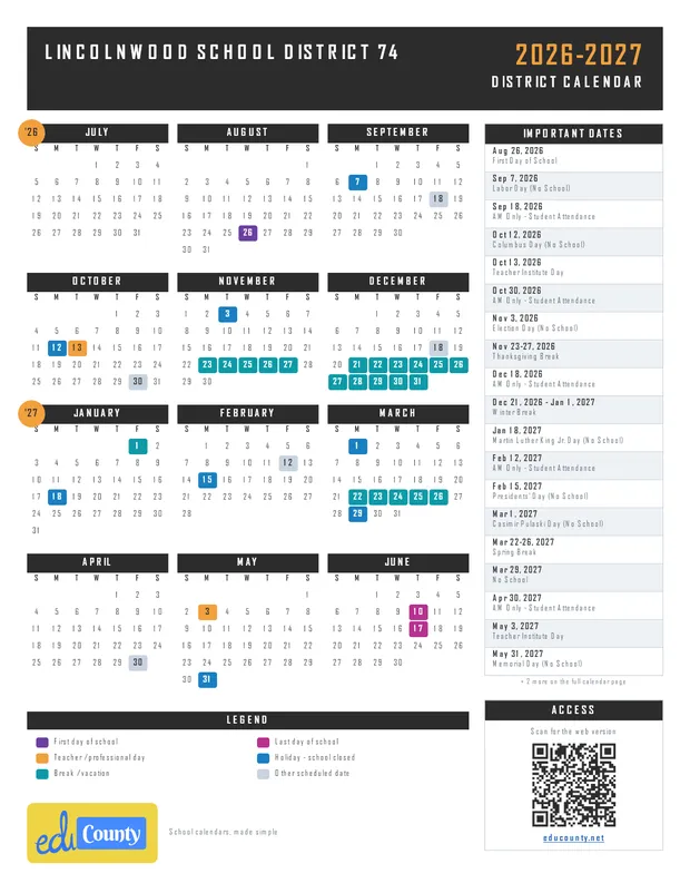 Lincolnwood School District 74 printable 2026-27 calendar