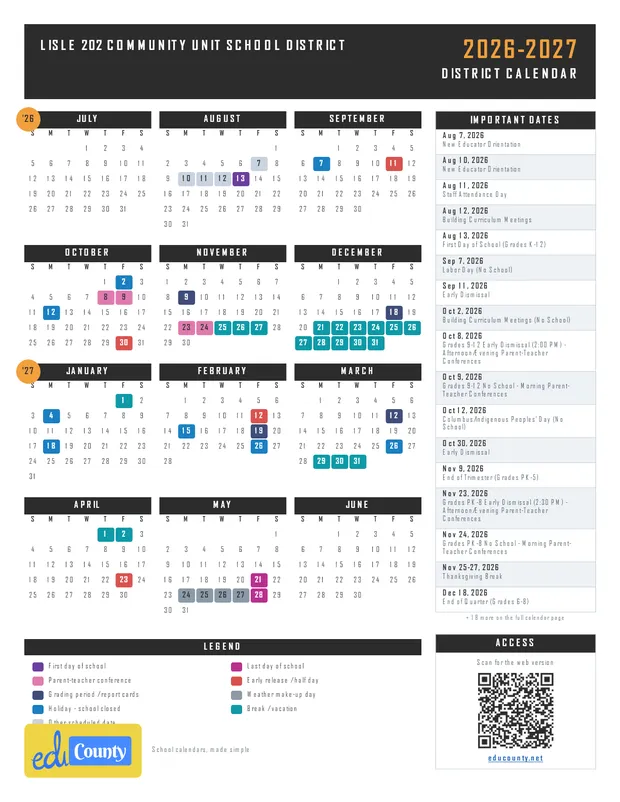 LISLE 202 Community Unit School District printable 2026-27 calendar