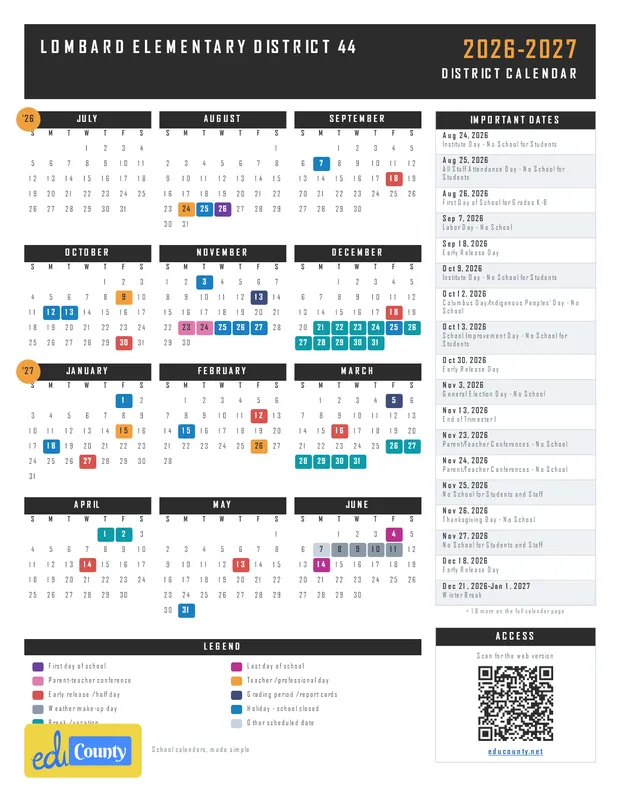 LOMBARD ELEMENTARY DISTRICT 44 printable 2026-27 calendar