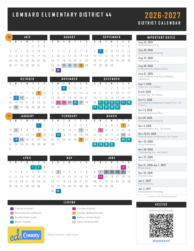 LOMBARD ELEMENTARY DISTRICT 44 printable 2026-27 calendar