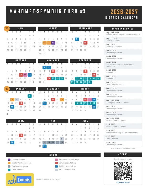 Mahomet-Seymour CUSD #3 printable 2026-27 calendar