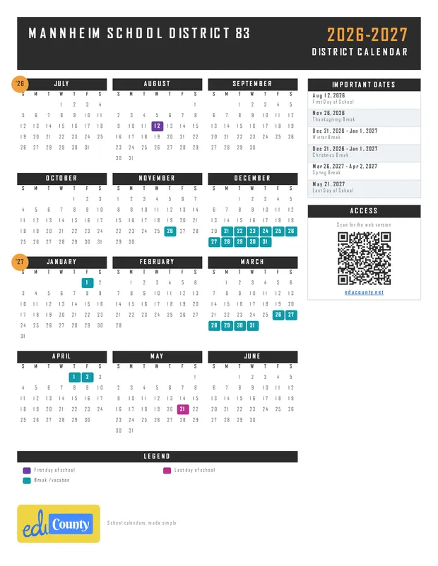 Mannheim School District 83 printable 2026-27 calendar