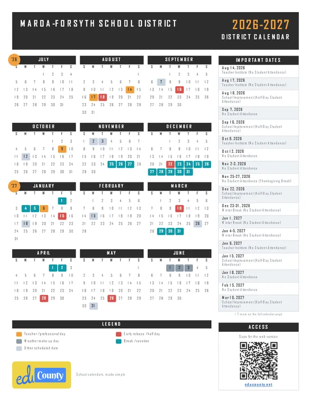 Maroa-Forsyth School District printable 2026-27 calendar