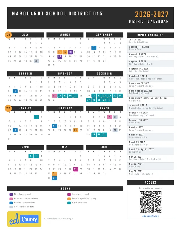 Marquardt School District D15 printable 2026-27 calendar