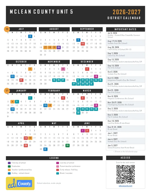 McLean County Unit 5 printable 2026-27 calendar