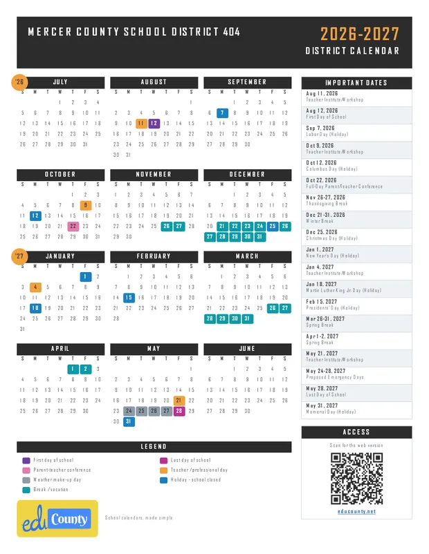 Mercer County School District 404 printable 2026-27 calendar