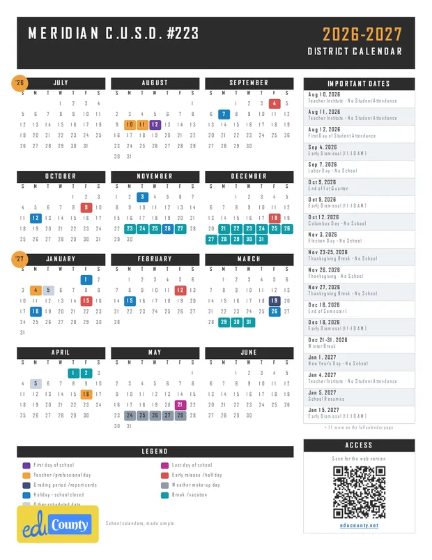 Meridian C.U.S.D. #223 printable 2026-27 calendar