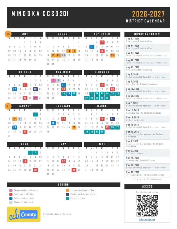 Minooka CCSD201 printable 2026-27 calendar