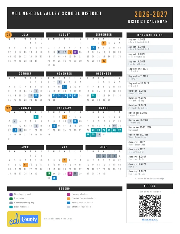 Moline-Coal Valley School District printable 2026-27 calendar