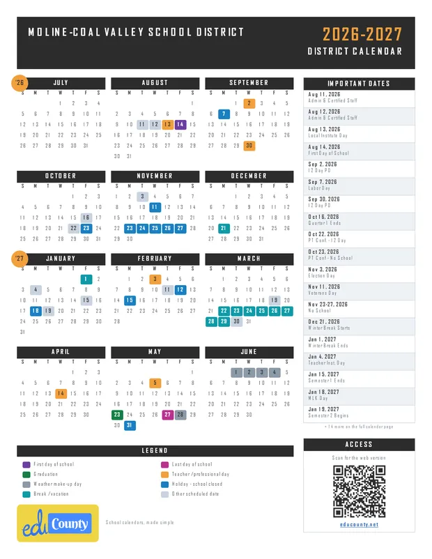Moline-Coal Valley School District printable 2026-27 calendar