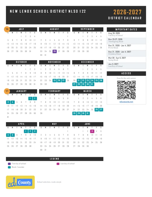 New Lenox School District NLSD 122 printable 2026-27 calendar