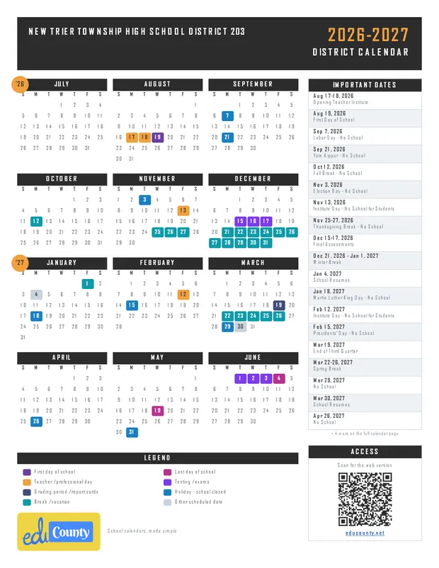 New Trier Township High School District 203 printable 2026-27 calendar