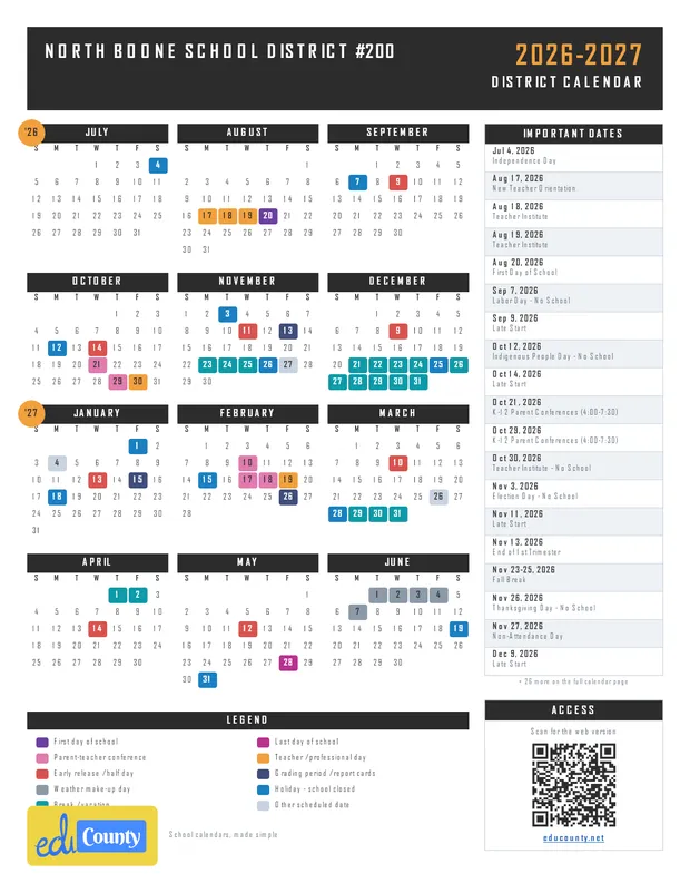 North Boone School District #200 printable 2026-27 calendar