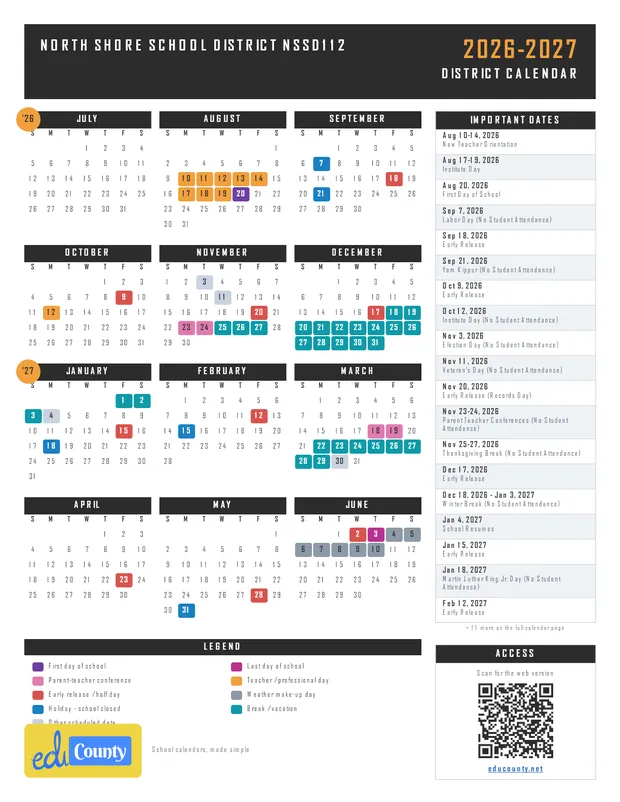 North Shore School District NSSD112 printable 2026-27 calendar