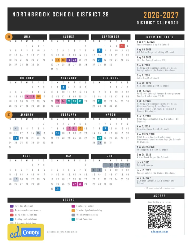 Northbrook School District 28 printable 2026-27 calendar