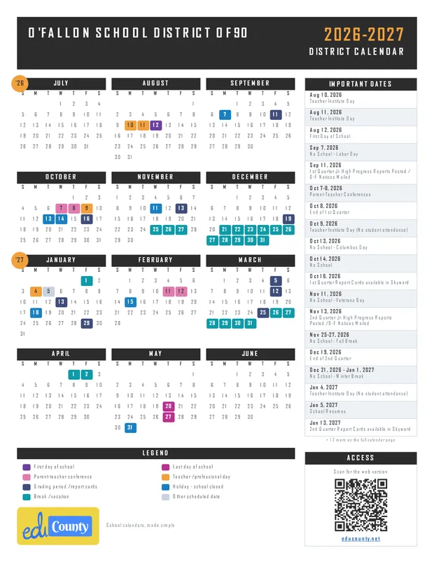 O'Fallon School District OF90 printable 2026-27 calendar