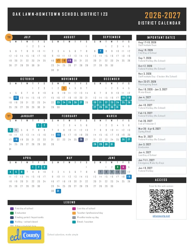 Oak Lawn-Hometown School District 123 printable 2026-27 calendar