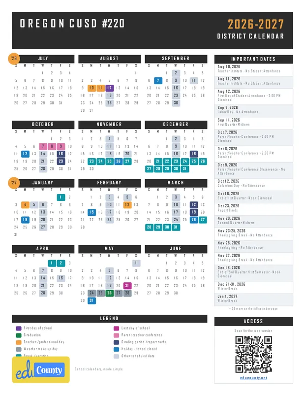 Oregon CUSD #220 printable 2026-27 calendar