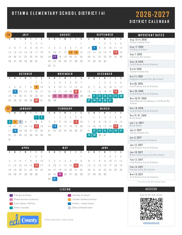 Ottawa Elementary School District 141 printable 2026-27 calendar