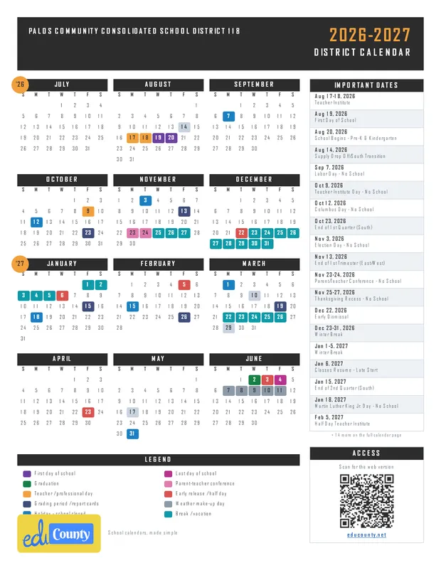 Palos Community Consolidated School District 118 printable 2026-27 calendar