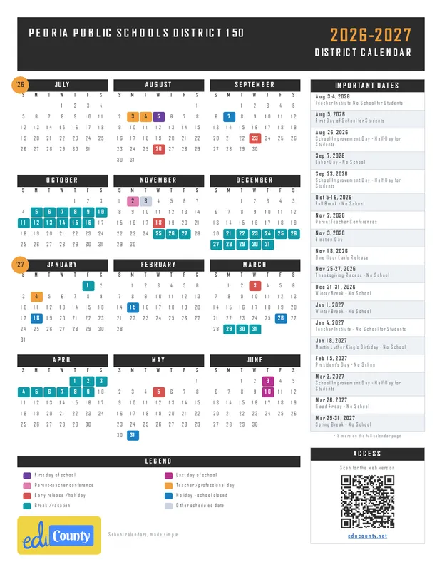 PEORIA public schools district 150 printable 2026-27 calendar